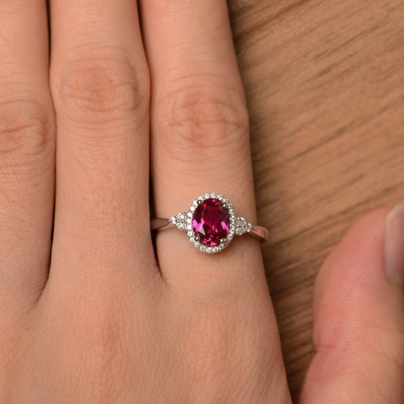 NEW Silver Ruby Diamond Halo Oval Cut Ring - Picture 2 of 4